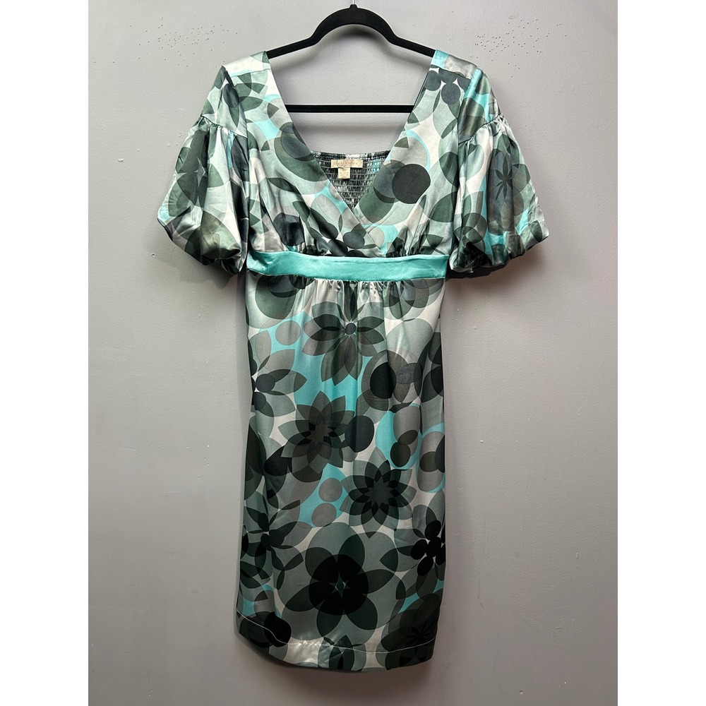 Jonathan Martin Dress Womens 6 Teal Floral Geo Empire Waist Puff Sleeve V-Neck